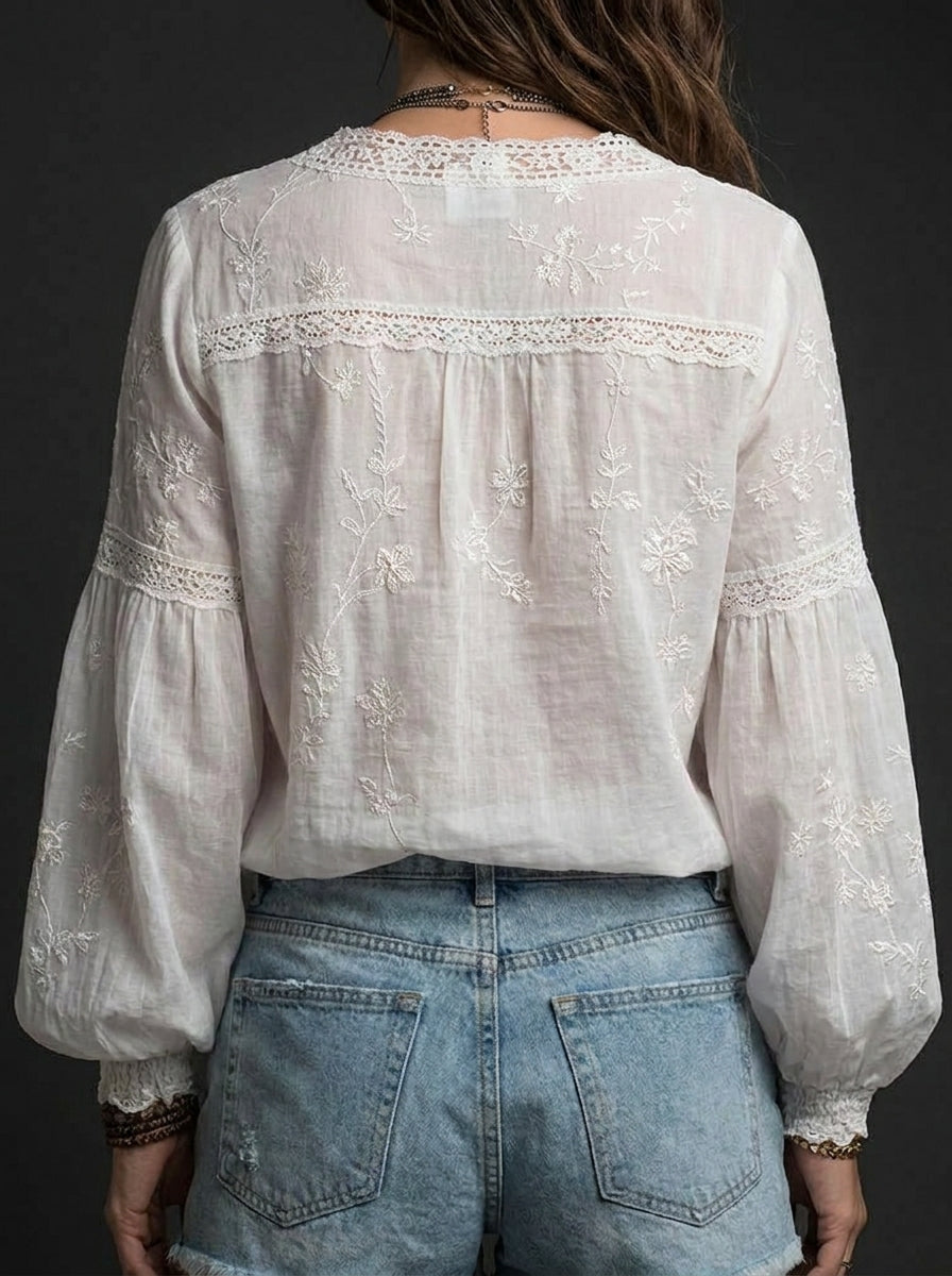 Women's V-Neck Long Sleeve Lace Shirt