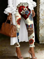 Women's Fashion Casual Vintage Floral Heart Design Print Ripped Skinny Jeans