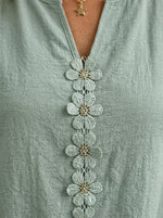 Women's Causal Short Sleeve Floral Woven Ribbon V-neck Cotton Top