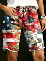 Women's Retro Casual Independence Day Flag Floral Art Print Denim Shorts