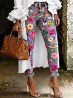 Women's Floral Art Print Art Ripped Skinny Jeans
