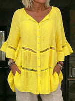 Women's Causal Loose Hollowed-out Webbing Ruffled Sleeves Linen-cotton Shirt
