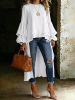 Women's Causal Long Sleeve Round-neck High-low Hem Design Blouse Top