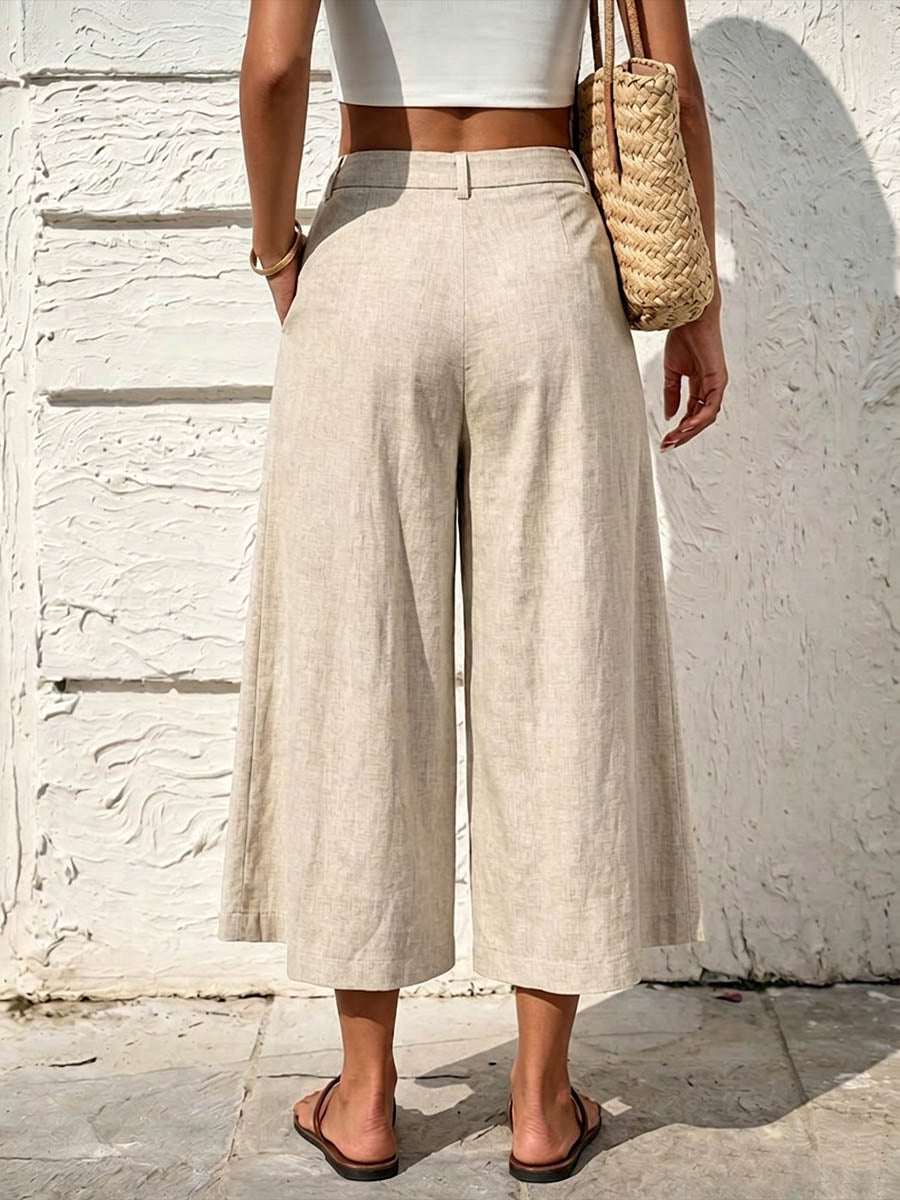 Women's Solid-color High-waisted Loose-fit Cotton-linen Wide-leg Casual Pants