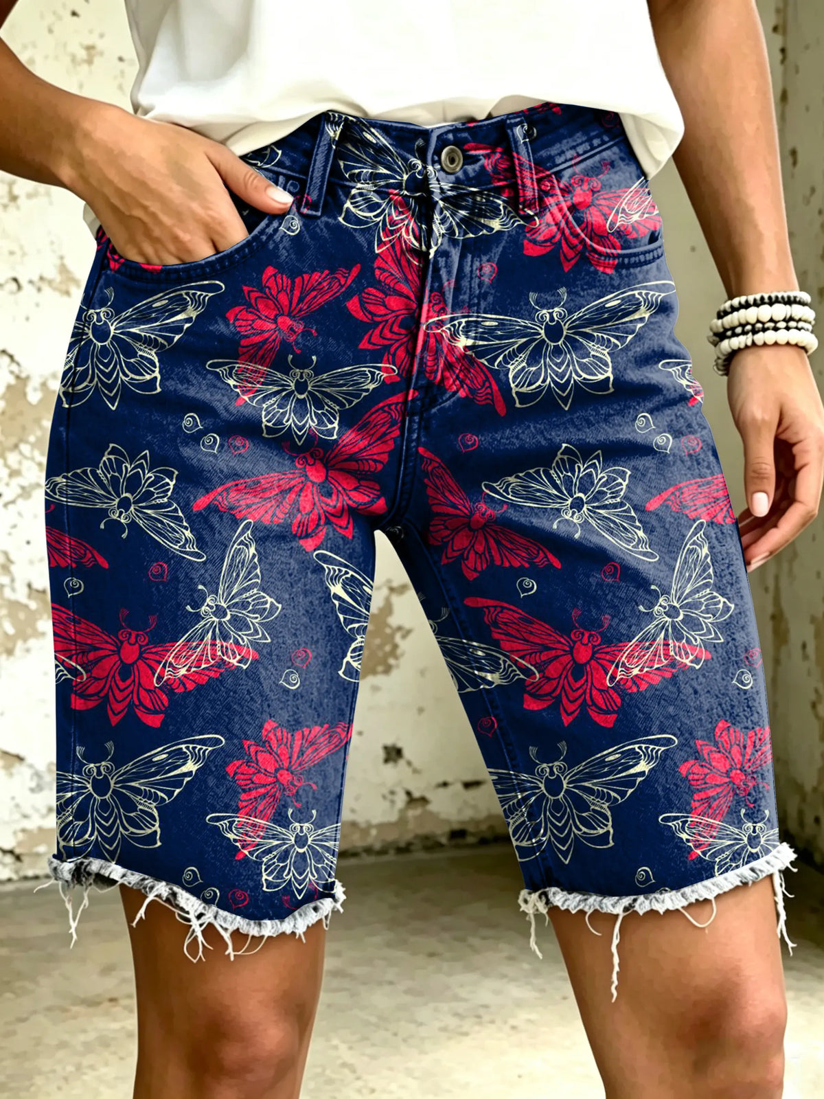 Women's Vividly Butterfly Totem Art Print Casual Denim Shorts