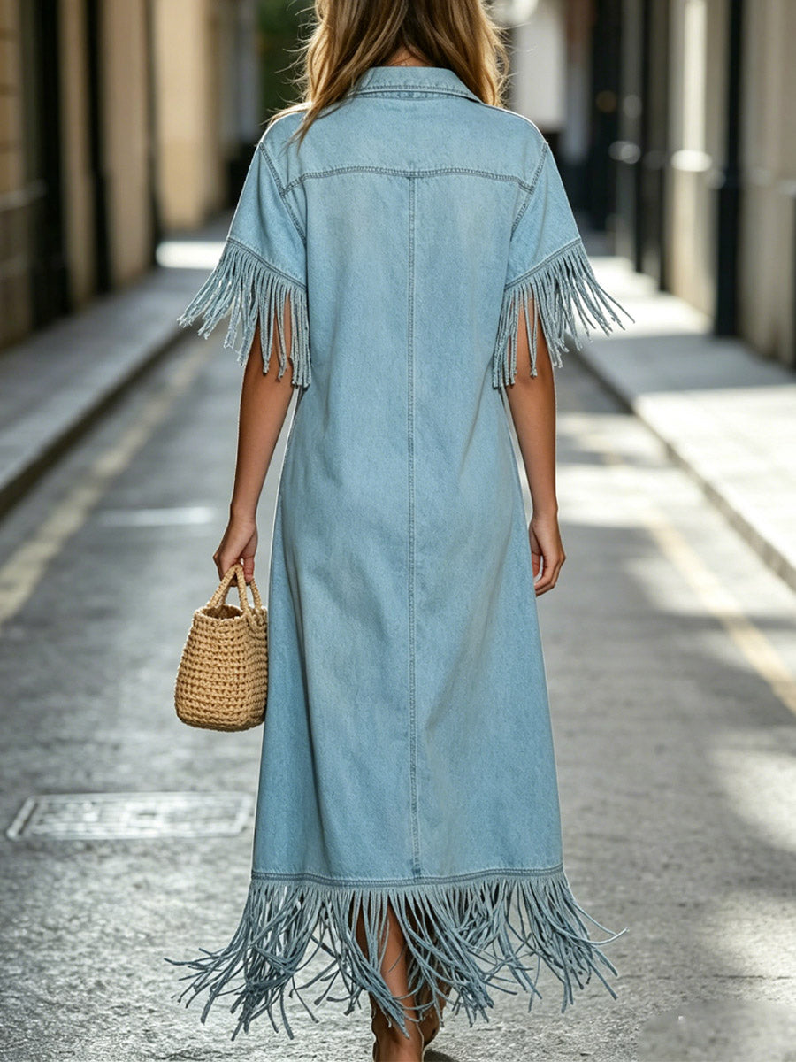 Women's Retro Lapel Denim Short Sleeve Art Casual Maxi Dress