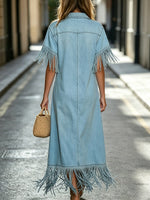 Women's Retro Lapel Denim Short Sleeve Art Casual Maxi Dress