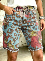 Women's Vividly Leopard Floral Totem Art Print Casual Denim Shorts