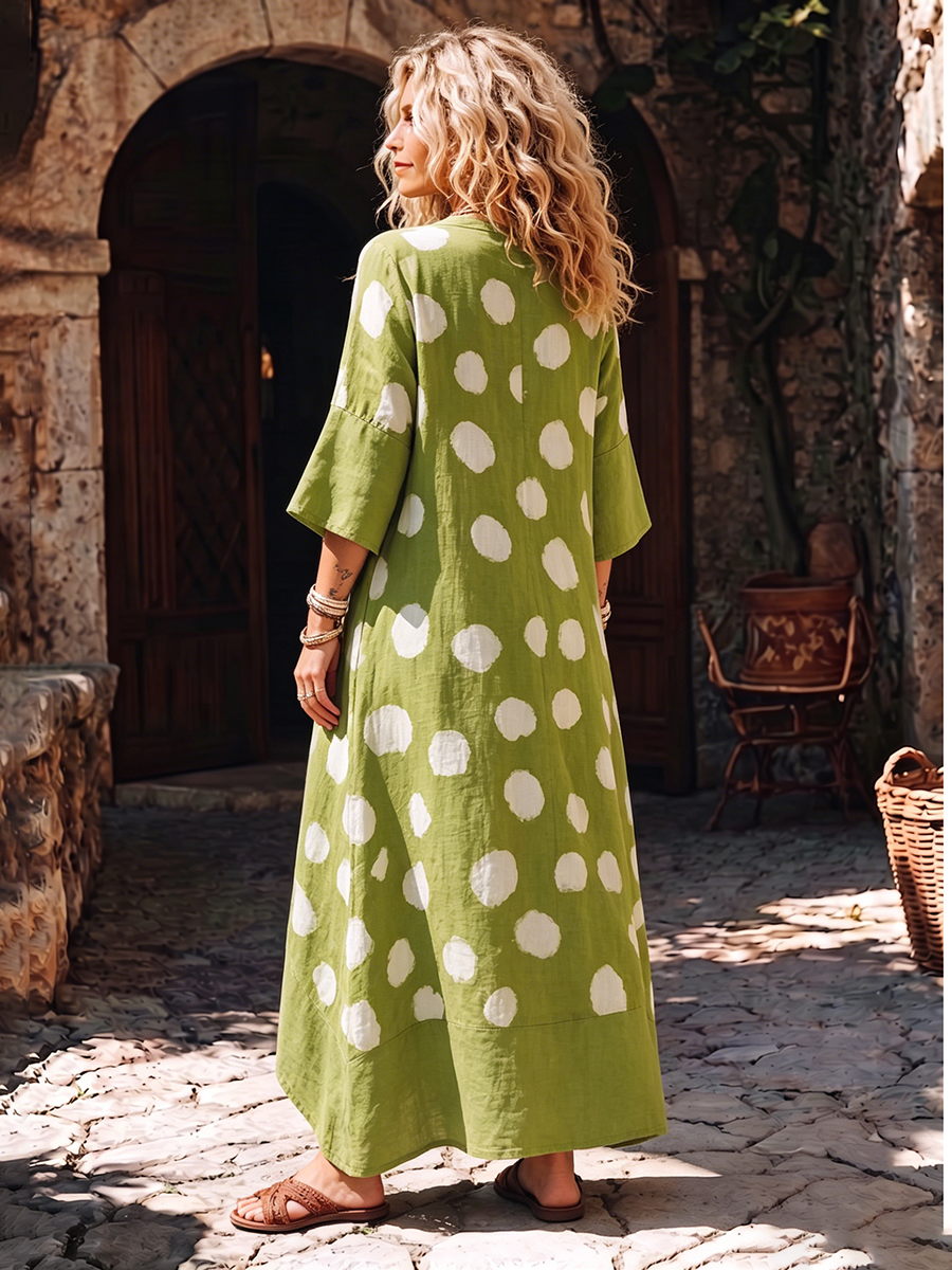 Breathable Cotton-linen Dress With Green Polka-dot Print