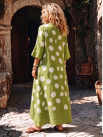 Breathable Cotton-linen Dress With Green Polka-dot Print