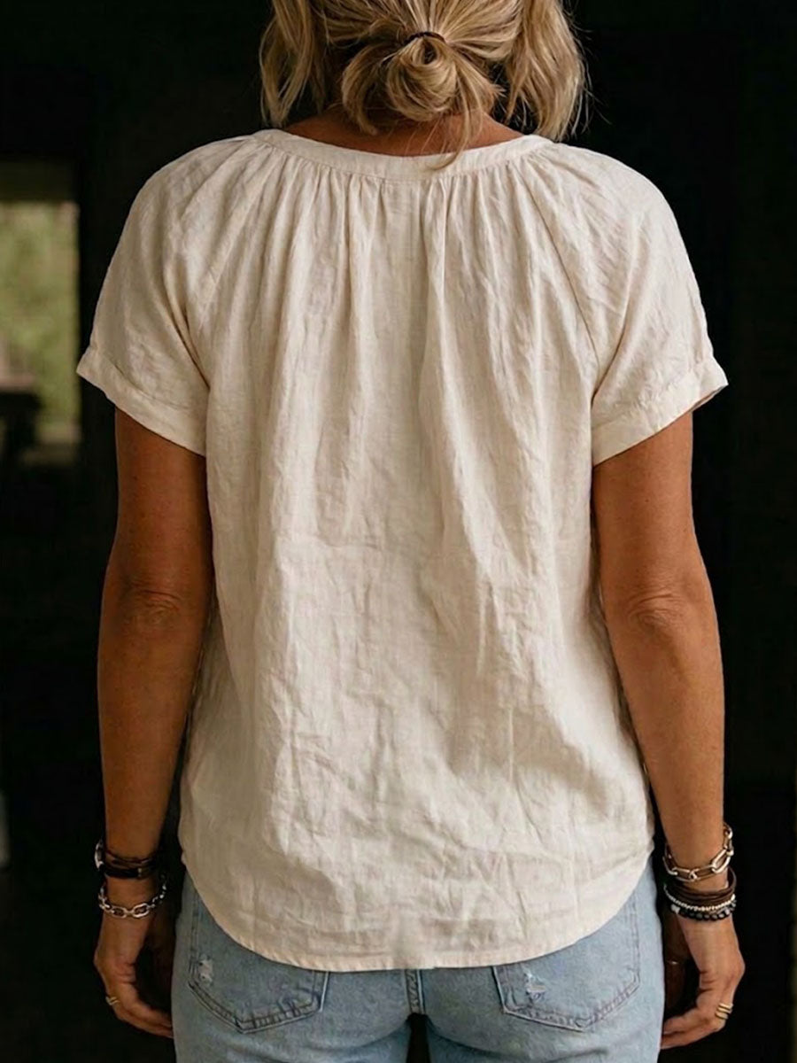 Women's Solid-color V-neck Short-sleeve Casual Loose Cotton-linen Top