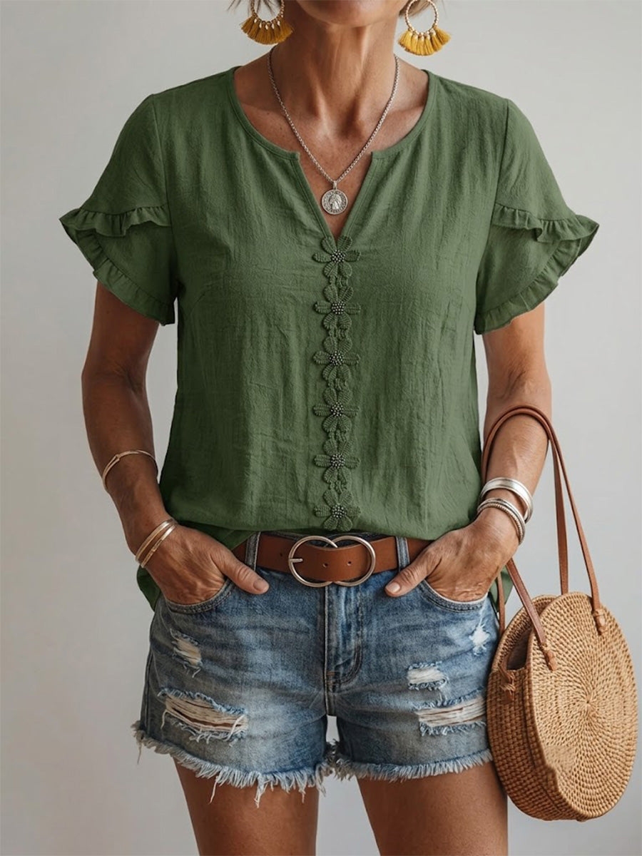 Floral-embroidered V-neck Casual Shirt With Ruffled Short Sleeves