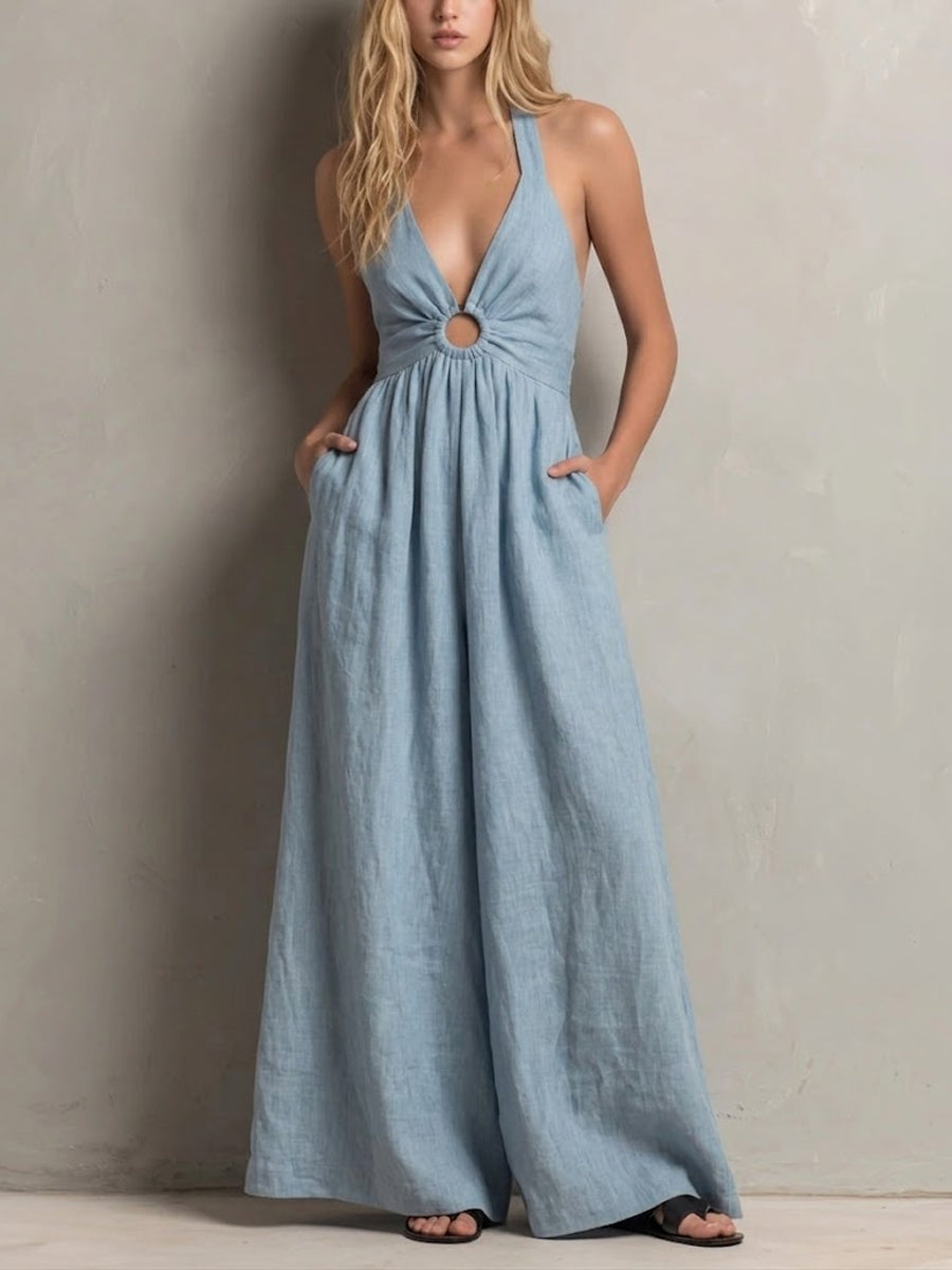 Women's Light Blue Halter Neck Hollow-out Cotton Linen Wide-leg Jumpsuit