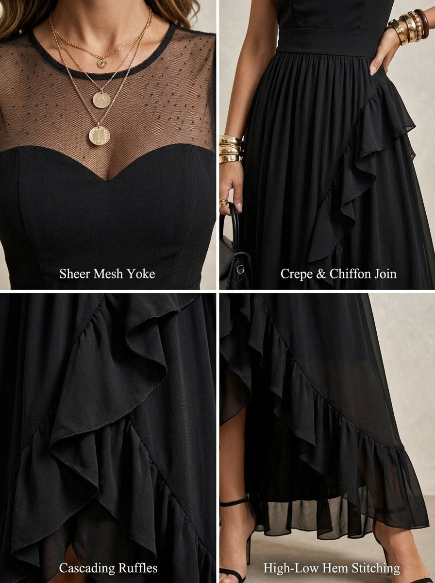 Women’s Solid-color High-waisted Asymmetrical Design With Ruffled Sheer Chiffon Maxi Dress