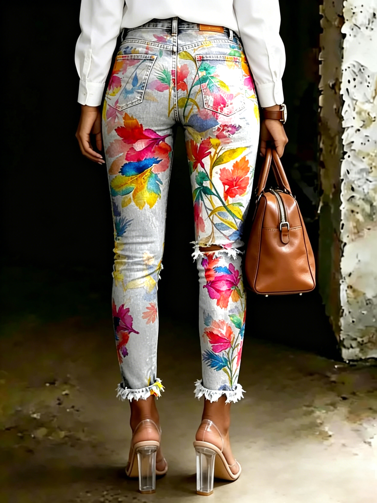 Women's Colorful Floral Art Ripped Skinny Jeans