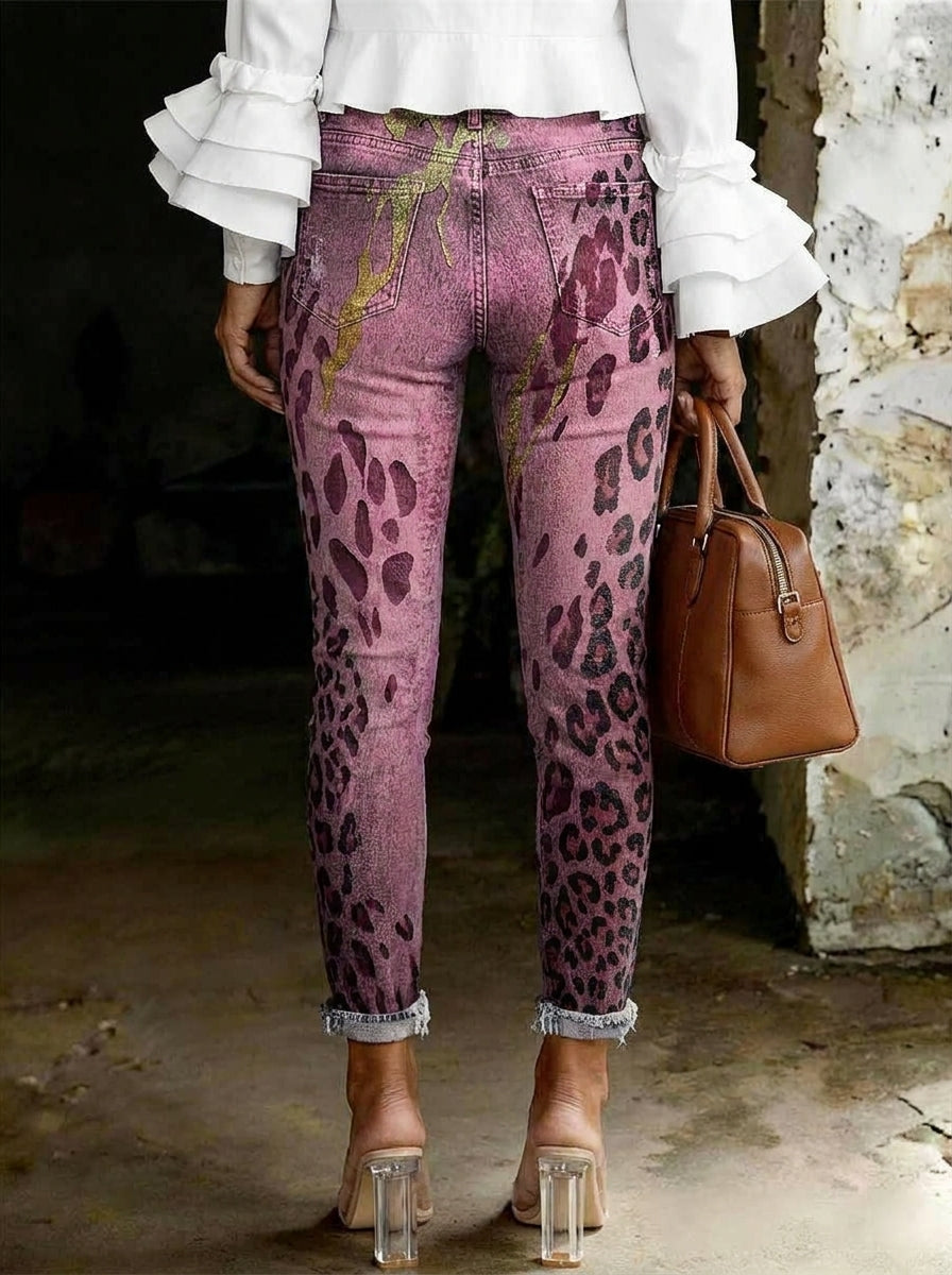 Women's Leopard Print Art Ripped Skinny Jeans