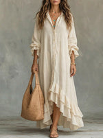 Women's Button Front Ruffle Long Sleeve Maxi Shirt Dress