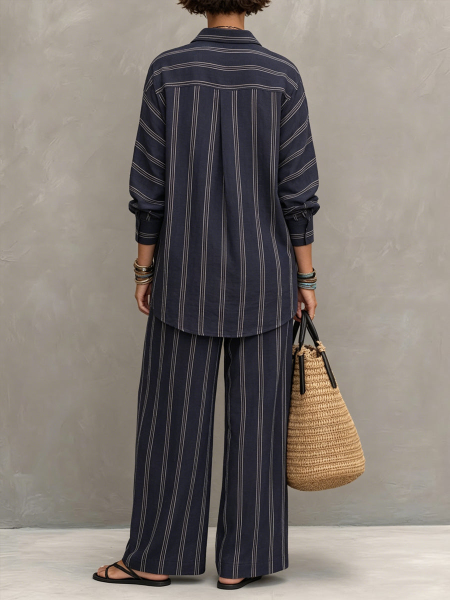 Women's Casual Striped Cotton-linen Set