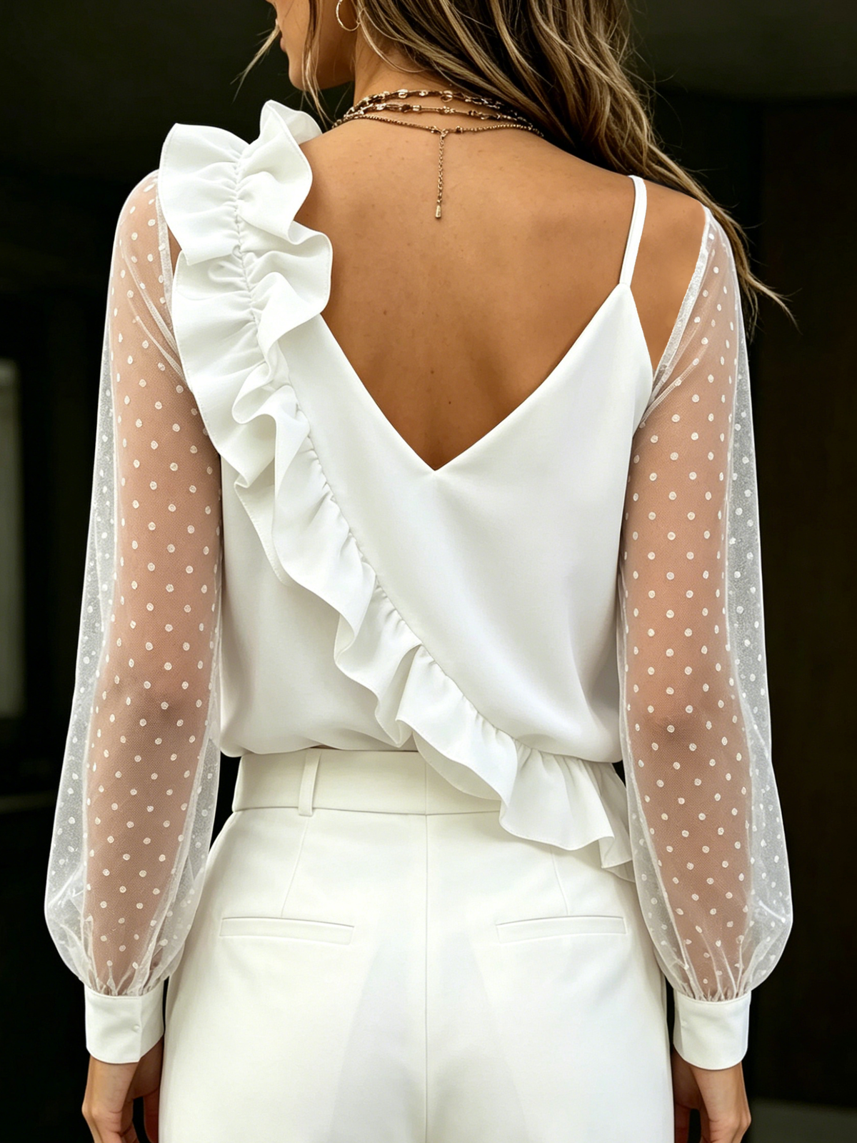 Women's Elegant Sheer Mesh Blouse Polka Dot Long Sleeve Shirt Casual Asymmetric Ruffle Tops Sweetheart V Neck Patchwork Chiffon Shirt