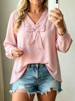 Women's V-neck Long Sleeve Shirt With Decorative Bow