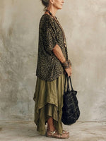 Women's Leopard Print Blouse With Irregular Hem Half Skirt Cotton And Linen Set