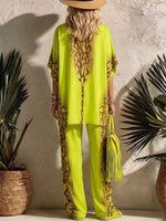 Women's Casual Loose Printed V-neck 3/4 Sleeve Top And High-waisted Wide-leg Pants Set