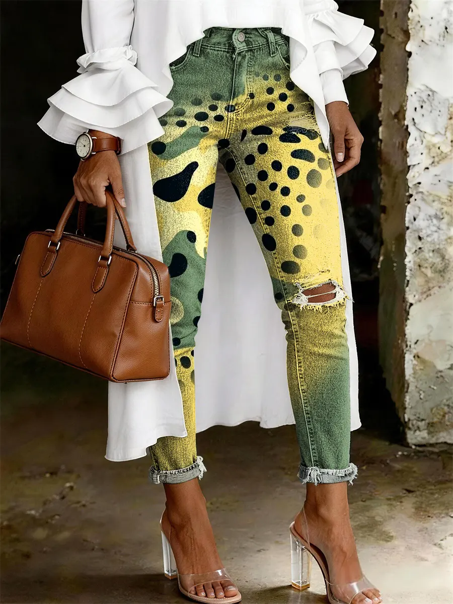 Women's Fashion Casual Multicolor Leopard Print Ripped Skinny Jeans