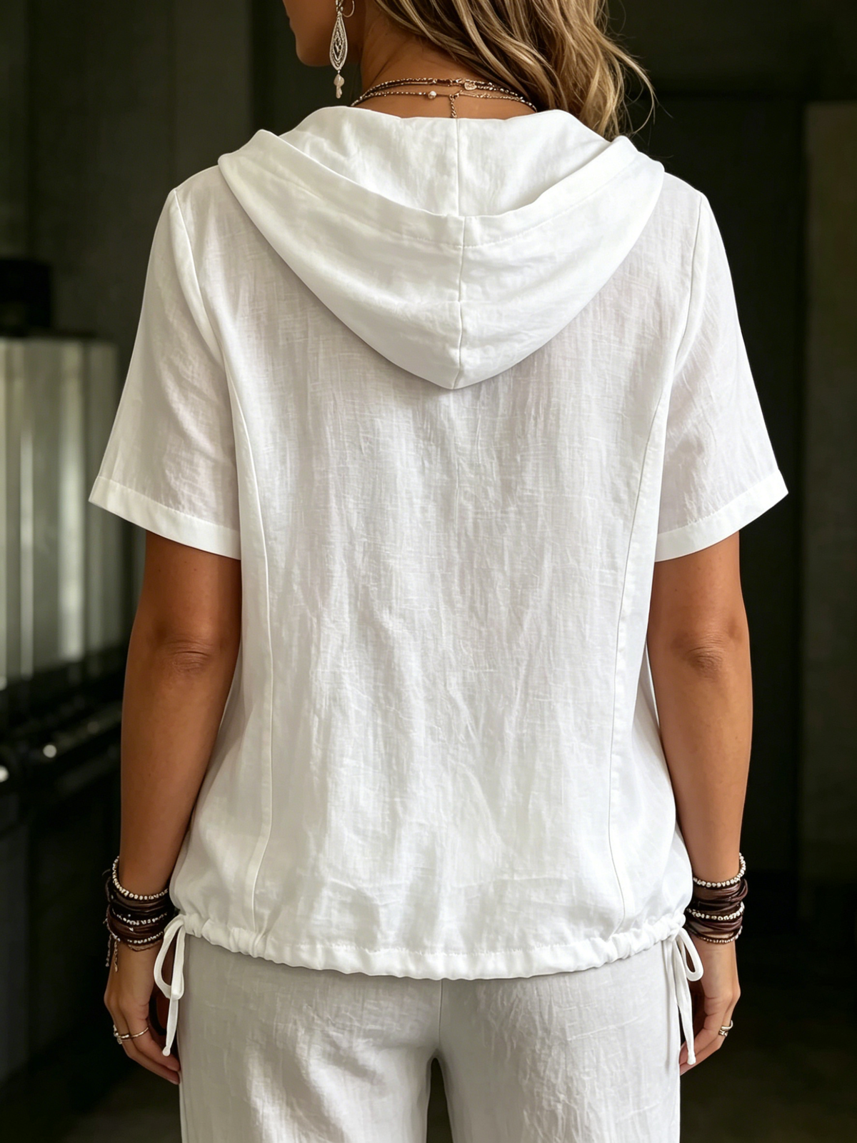 Women's Linen-blend Hooded Short Sleeve V-neck With Buttons Drawstring Design Top