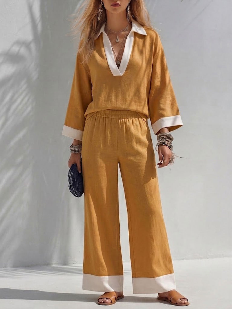 Cotton-linen Two-piece Set Featuring A Collared V-neck Top With Three-quarter Sleeves And Wide-leg Pants With An Elastic Waist.