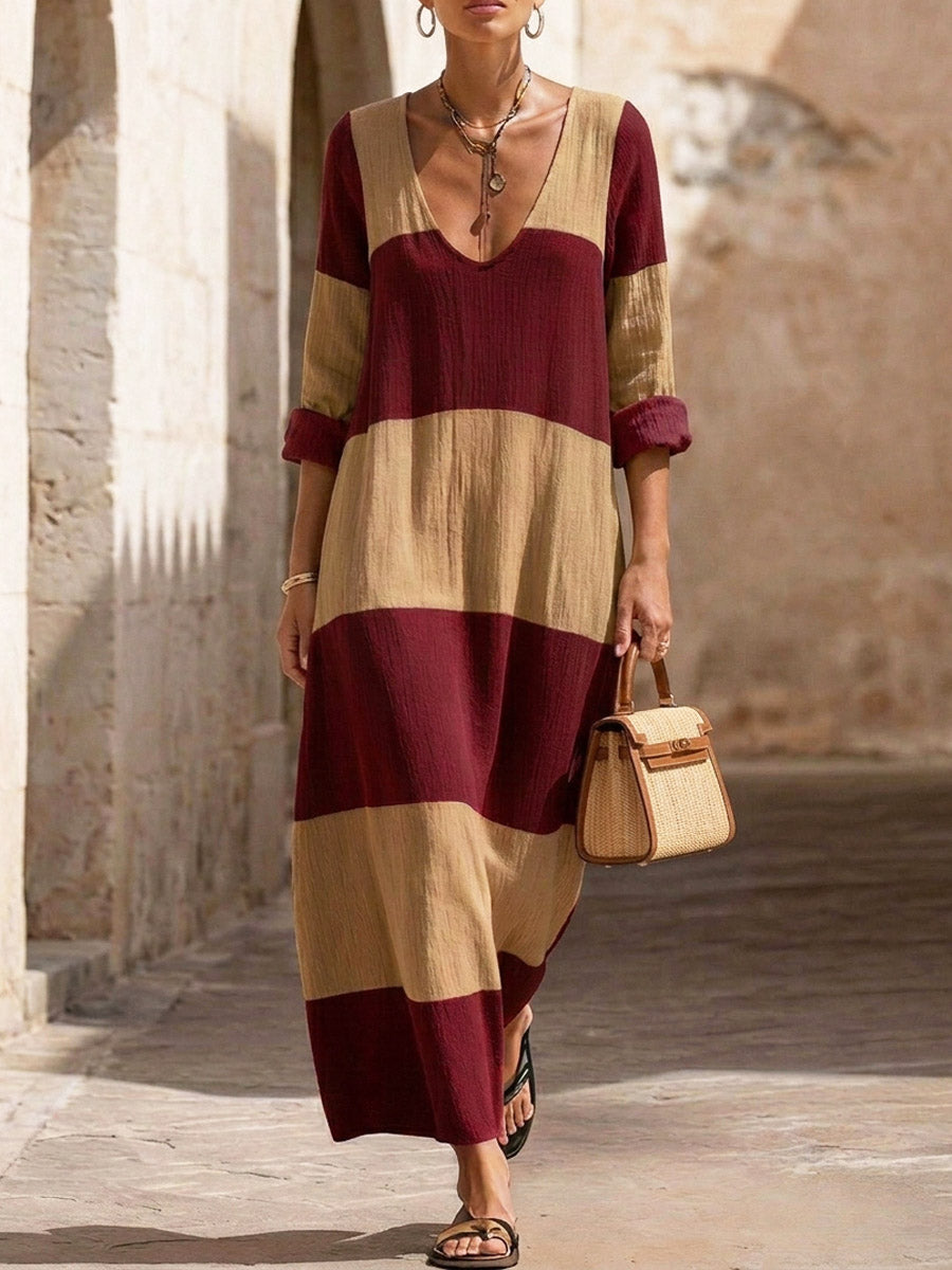 Women's Retro Color Block Art Casual Long Sleeve Maxi Dress