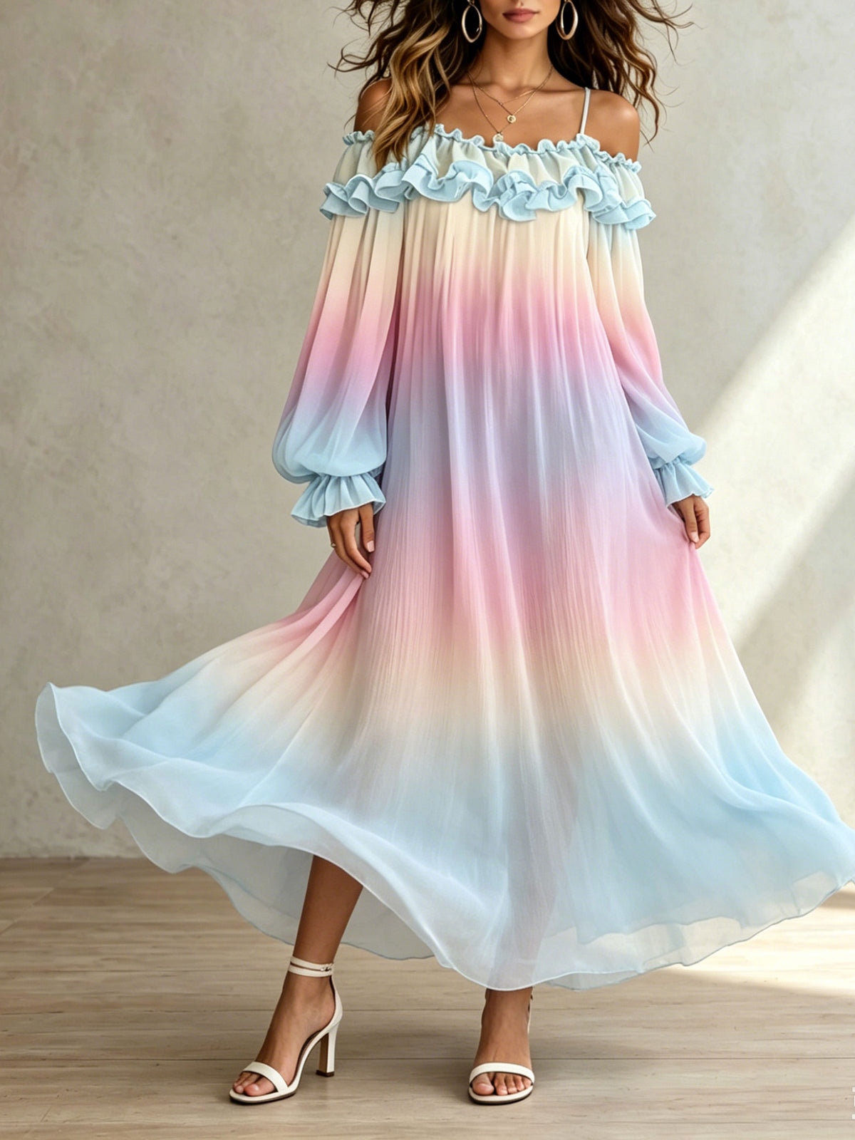 Women’s Romantic Vocation Summer Ombre Chiffon Off-shoulder Ruffled Hem Long-sleeve Maxi Dress