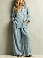 Women's Light Blue Ethnic Style Cotton And Linen Set