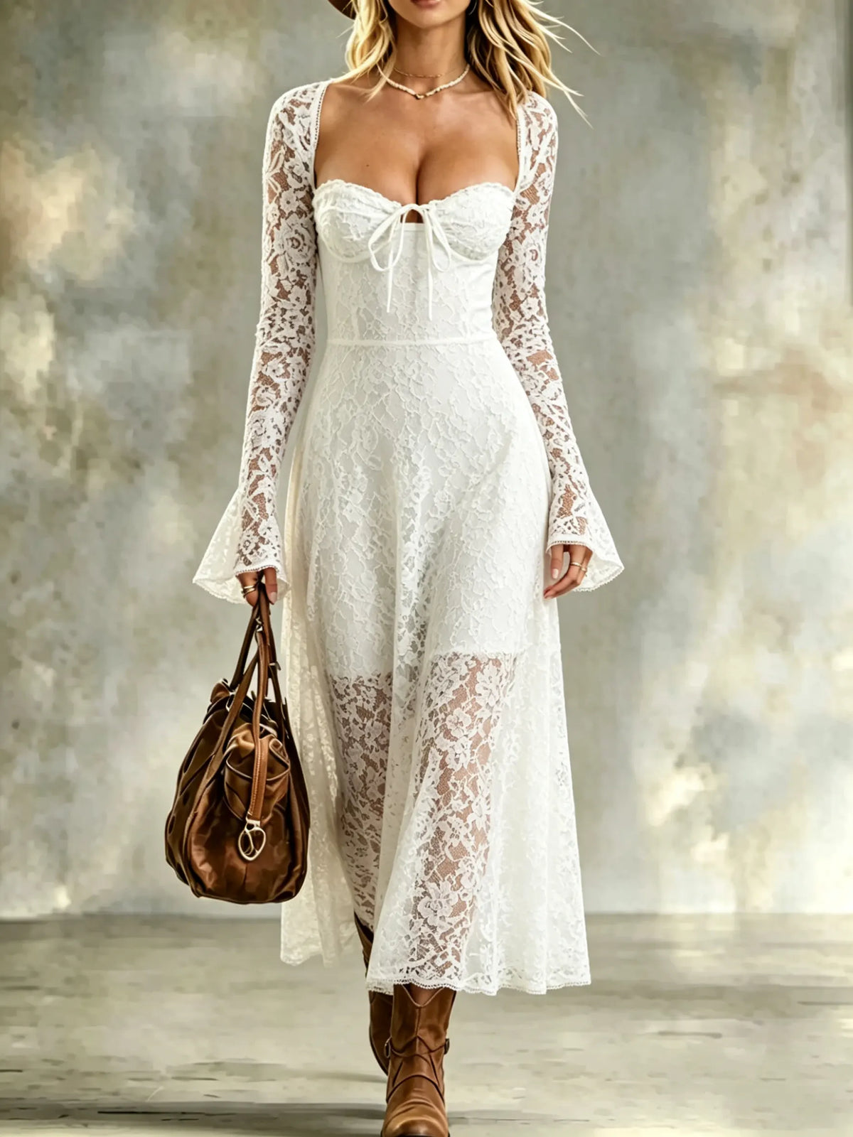Women's Long Sleeve Fairy Square Neck Lace A-Line Dress