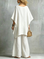 Women’s V-neck Top With Asymmetrical Button Hem Wide-leg Pants Set