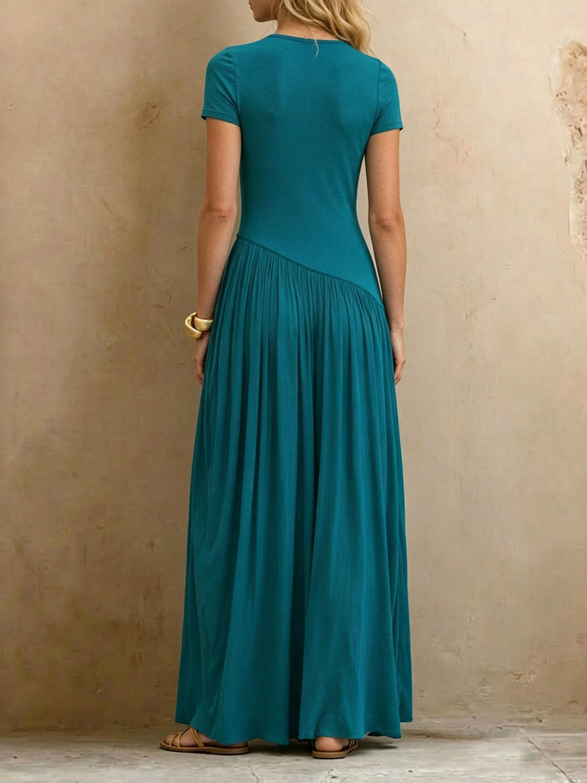 Women’s Elegant High-elasticity Round-neck Short-sleeve Pleated Patchwork Causal Pocket Maxi Dress