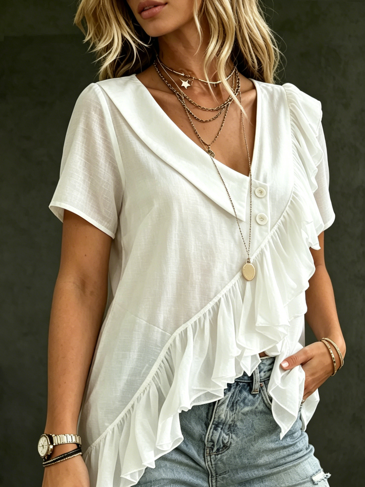 Women's Asymmetrical Ruffle Blouse Elegant V Neck Short Sleeve Shirt Casual Asymmetric Hem Tops Button Down Shawl Collar