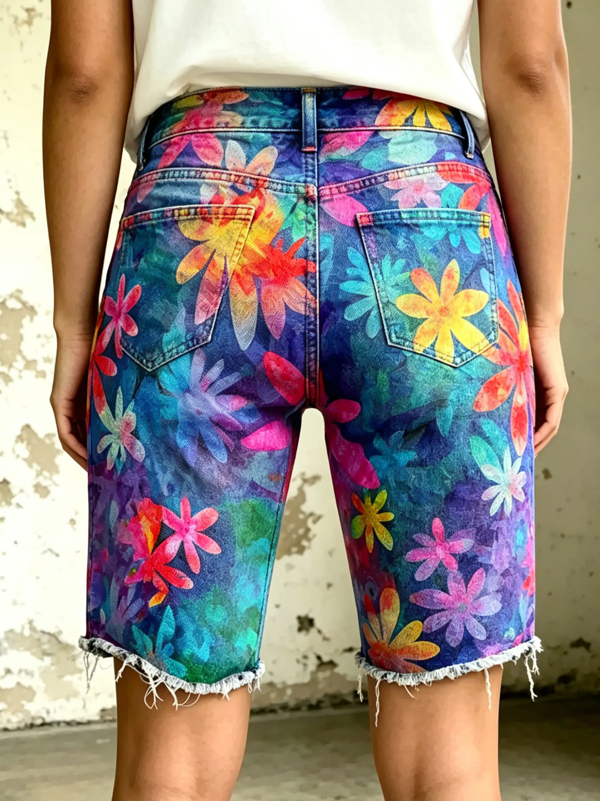 Women's Vividly Multicolor Floral Totem Art Print Casual Denim Shorts