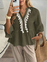 Women's V-neck Button Tassel Tie Top