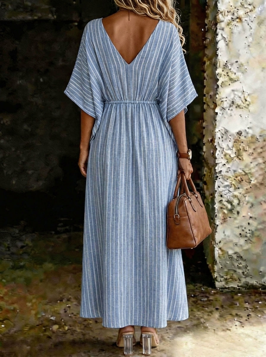 Women's Elegant Causal Loose Batwing Sleeves Waist Drawstring Flowy Maxi Dress