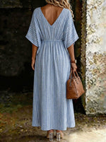 Women's Elegant Causal Loose Batwing Sleeves Waist Drawstring Flowy Maxi Dress