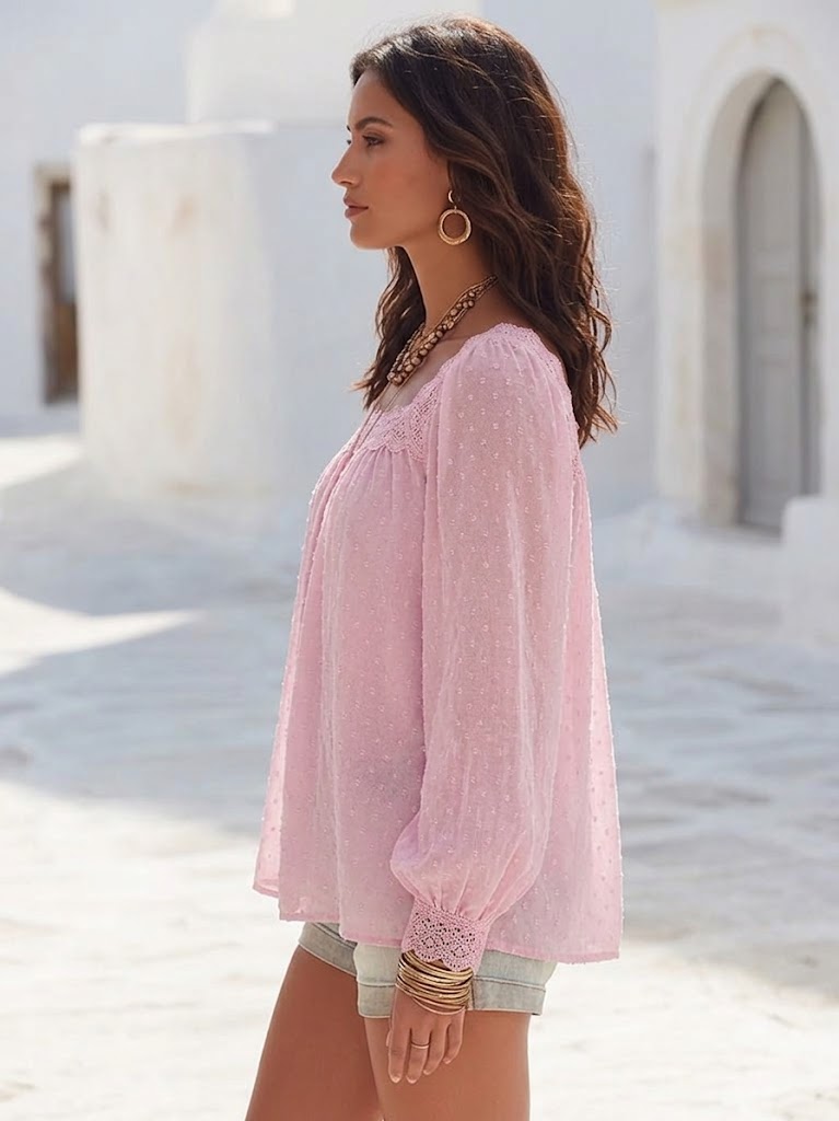 Chic And Elegant Blouse Featuring A Mix Of Jacquard And Clip-dot Chiffon, Accented With Lace Trim.