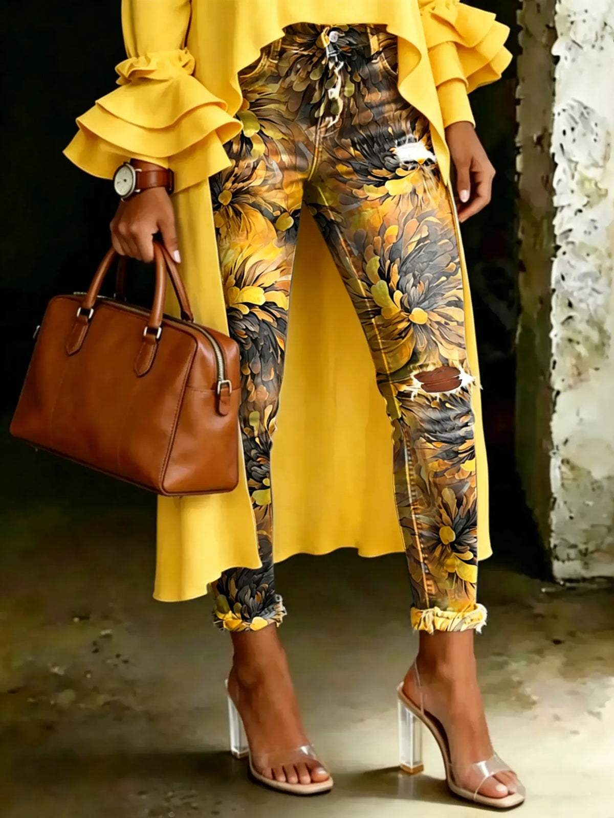 Women's Vintage Yellow Floral Print Casual High-waisted Ripped Skinny Jeans