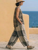 Casual Retro Plaid Linen-cotton Sleeveless Top And Pants Two-piece Set