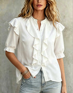 Women's Elegant Stand Collar Ruffle Trim Blouse