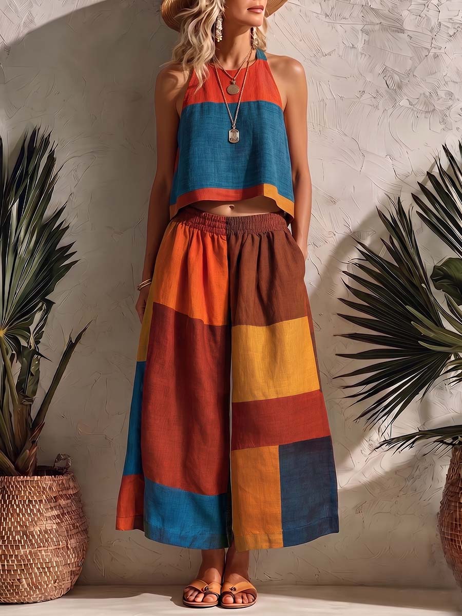 Women's Geometric Print Cotton-linen Set: Sleeveless Round-neck Loose Top & High-waisted Wide-leg Pants