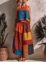 Women's Geometric Print Cotton-linen Set: Sleeveless Round-neck Loose Top & High-waisted Wide-leg Pants