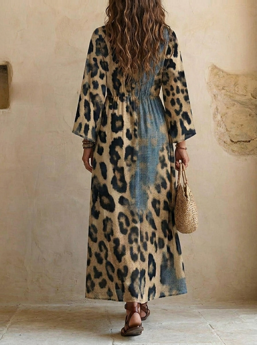 Women's Vintage Leopard Print Chiffon Bow-Tie Dress