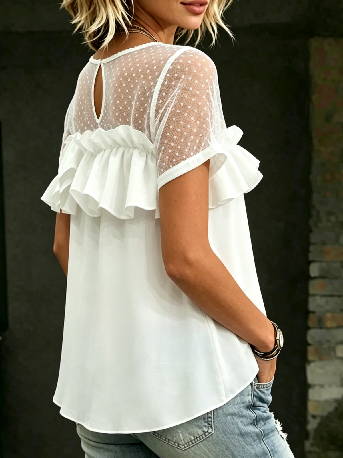 Women's Elegant Sheer Mesh Blouse Polka Dot Patchwork Short Sleeve Shirt Casual Layered Ruffle Tops Asymmetric High Low Hem Chiffon Shirt