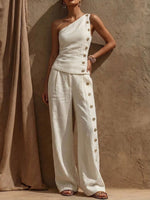 Women's Solid-color Asymmetric One-shoulder Sleeveless Casual Loose Cotton-linen Top And High-waisted Wide-leg Pants Set