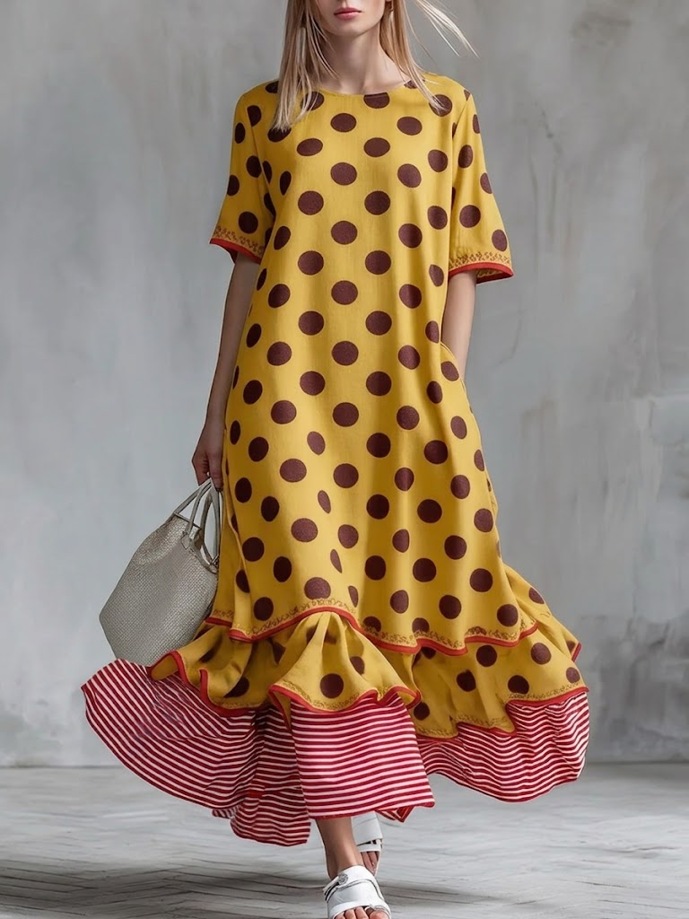 Casual Short-sleeve Dress With Polka-dot Print And Ruffled Hem